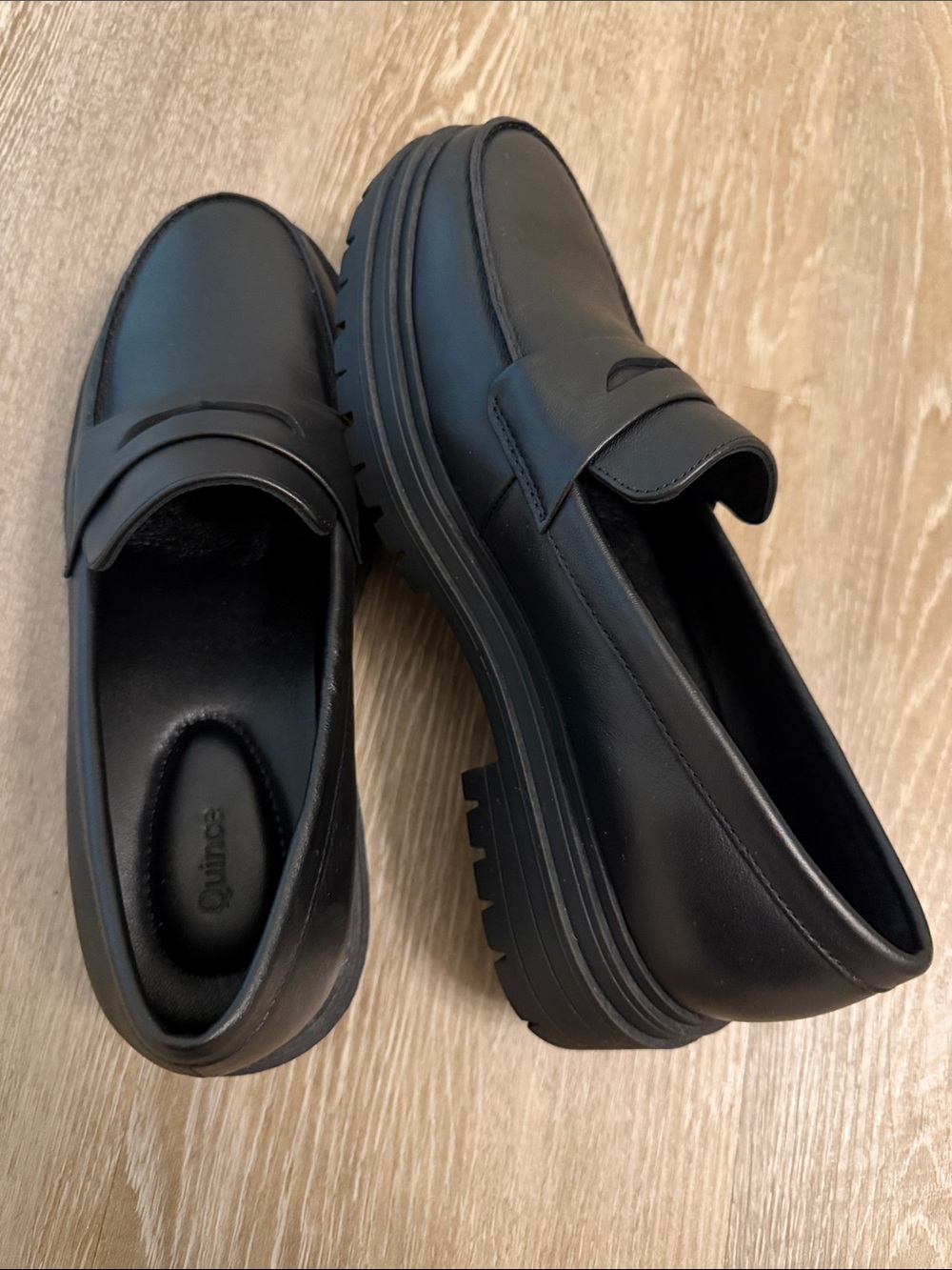 Quince Women’s Black Leather Penny Loafers - Smooth Slip-On Dress Shoes - Picture 2 of 3